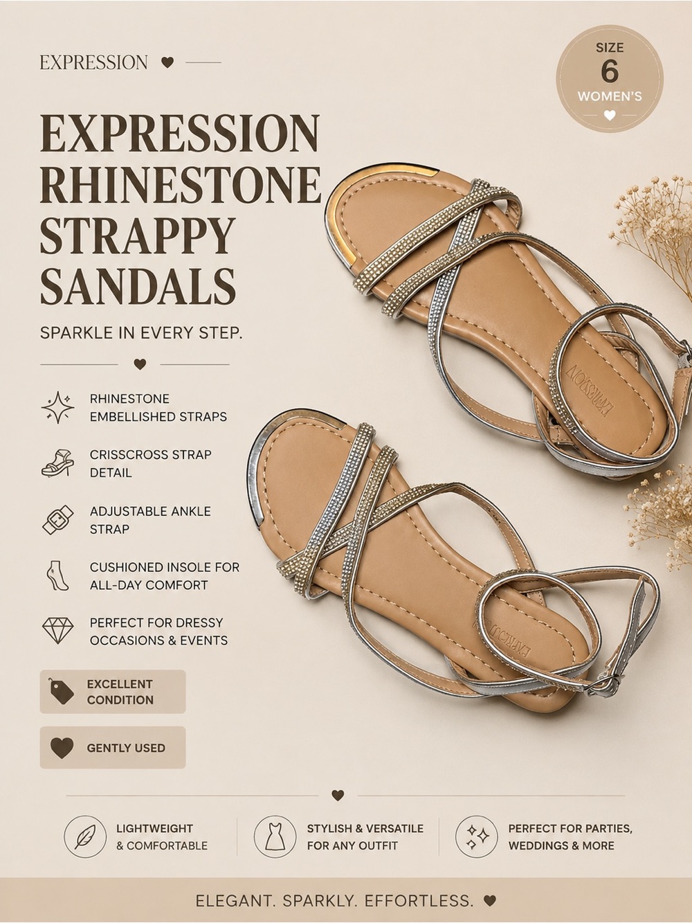 Expressions Rhinestone Crisscross Flat Sandals | Size 6 | Ankle Strap